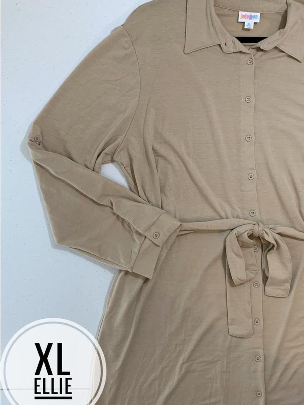 LuLaRoe Ellie Long Sleeve Button-Front Dress in Taupe